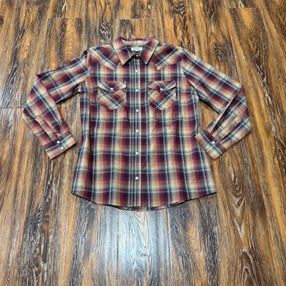Wrangler M Womens Retro Western Pearl Snap Shirt Burgundy Plaid Long Sleeve